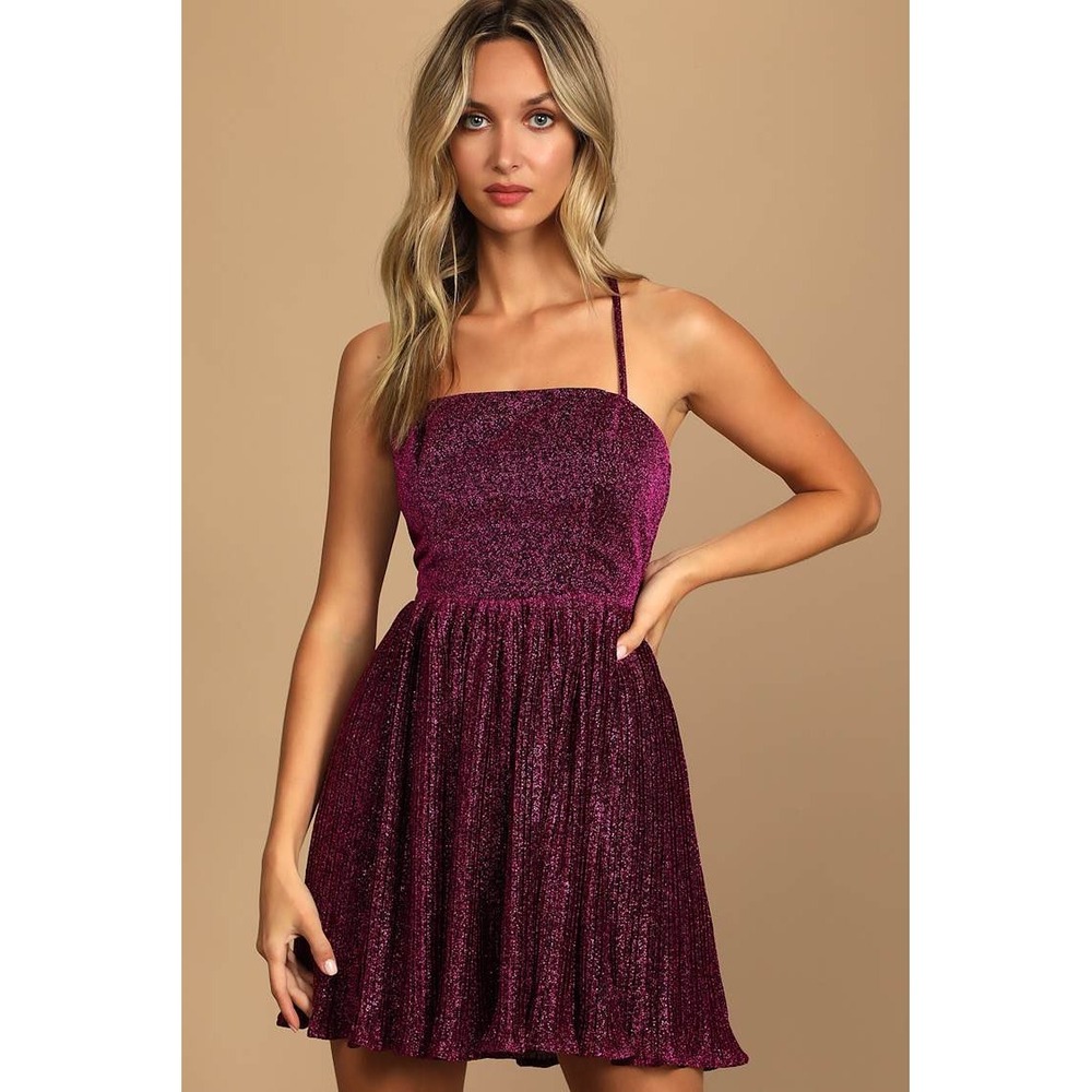 Lulus Pleated Mini Dress Women XS Magenta Glitter Lace Up Back Cocktail Party